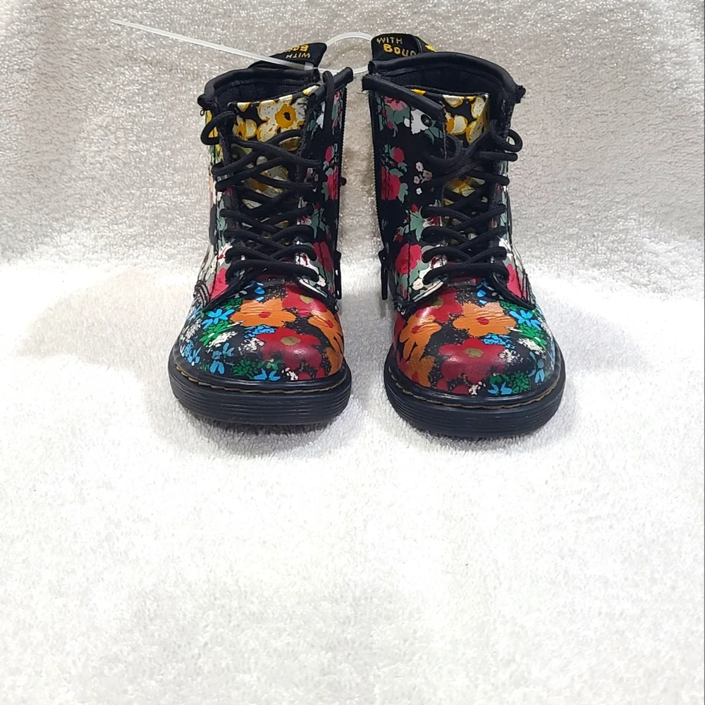 Dr. Martens Kids Floral Combat Boots in Black with Multicolor Flowers